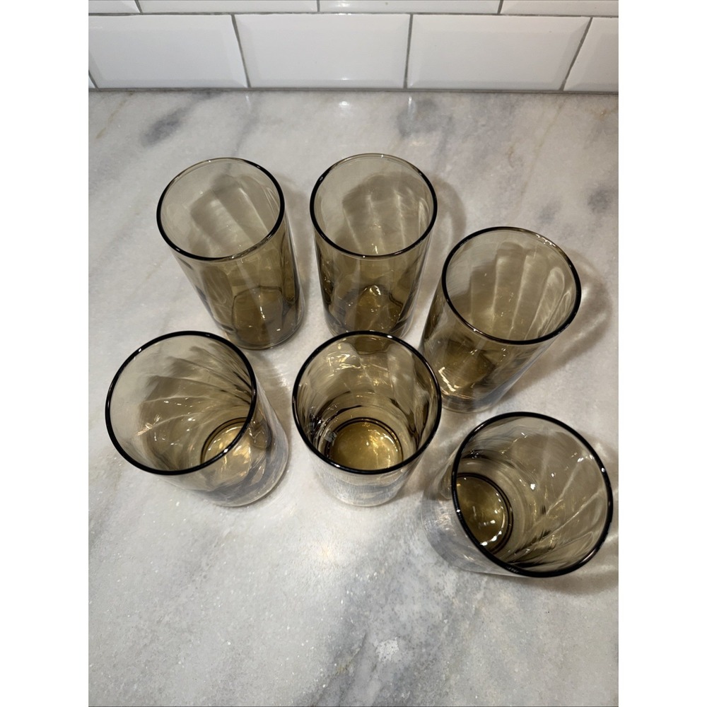 Libbey Swirl Optic Tawny Brown Tumbler Set Of 6 Vintage 5 1/2" 14Oz GlassesGW003 - Picture 7 of 10